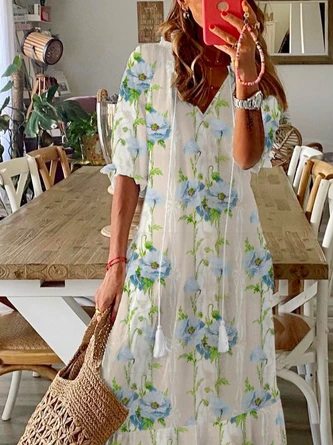 Loose V Neck Casual Floral Dress 2 Loose V Neck Casual Floral Dress - Image 2