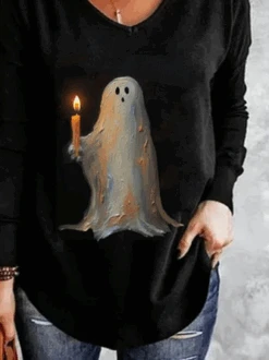 Plus Size Casual Halloween Little Ghost Loose V Neck Long Sleeve T-Shirt 7 Plus Size Casual Halloween Little Ghost Loose V Neck Long Sleeve T-Shirt -Zolucky Sales Store c3206b5c221a268dec816a02dba16f84