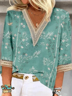 Plus Size Lace Casual V Neck Shirt