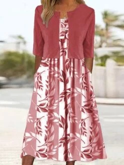 Plus Size Casual Loose Dress With Crew Neck Coat Leaf Graphic Half Sleeve Two-Piece Set -Zolucky Sales Store c42e85b0945ce234b1ca01ae6243ae92
