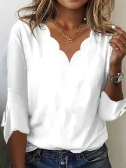 V Neck Plain Loose Ruffled Sleeves Casual T-Shirt