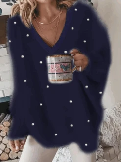 Fuzzy V Neck Pearl Beading Casual Knitted Winter Heavyweight Plain Long Sleeve Sweater -Zolucky Sales Store c4d23353854da144a4cc24a1a147e9c8