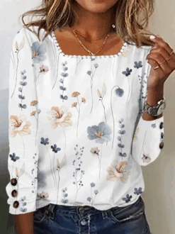 Casual Loose Floral Printed Square Neck Buttoned Cuffs Design Long Sleeve Shirt