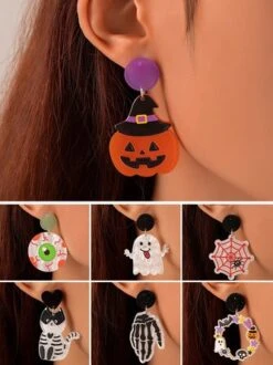 Halloween Cartoon Pumpkin Cat Acrylic Dangle Earrings