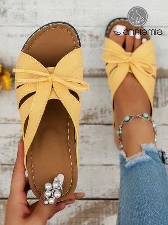 Casual Bowknot Hollow Out PU Comfy Wedge Heel Slide Sandals 1 Casual Bowknot Hollow Out PU Comfy Wedge Heel Slide Sandals