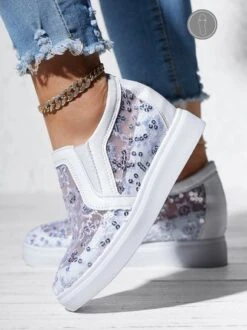 Sequins Floral Embroidered Lace Paneled Slip-On Wedge Shoes