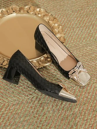 Elegant Rhinestone Bow Color Block Weave Square Toe Shallow Pumps 6 Elegant Rhinestone Bow Color Block Weave Square Toe Shallow Pumps - Image 6