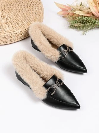 Women Metal Decor Commuting Furry Synthetic Leather Loafers 5 Women Metal Decor Commuting Furry Synthetic Leather Loafers - Image 5