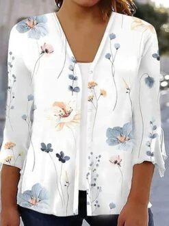 Plus Size Floral Printed Casual Jersey 3/4 Sleeve Kimono
