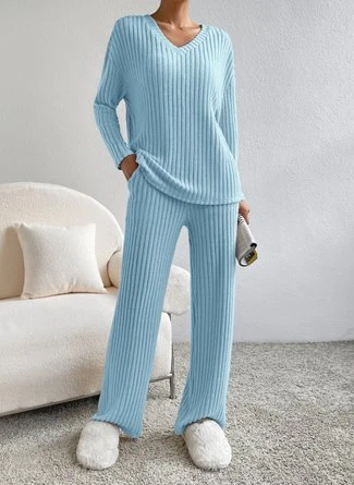 Plain V Neck Long Sleeve Top With Pants Loose Casual Two-Piece Set 4 Plain V Neck Long Sleeve Top With Pants Loose Casual Two-Piece Set - Image 4
