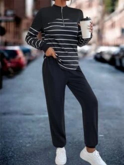 Striped Zipper Long Sleeve Casual Two-Piece Set