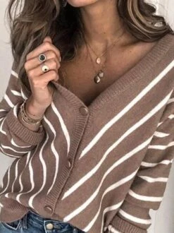 Cotton Blends V Neck Striped Sweater Coat -Zolucky Sales Store c9bcf4c1722b33fadc73cef1219f55ad