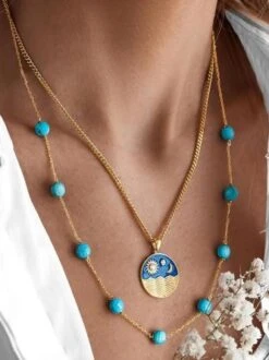 Turquoise Beaded Sun And Moon Medal Layer Pendant Necklaces