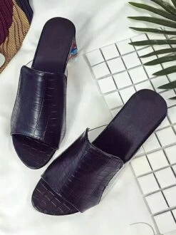 Croc Embossed Rhinestone Chunky Heel Slide Sandals -Zolucky Sales Store ca38b9d47a4c001fe7bc6fdd9bbc31c3