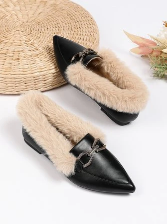 Women Metal Decor Commuting Furry Synthetic Leather Loafers 2 Women Metal Decor Commuting Furry Synthetic Leather Loafers - Image 2