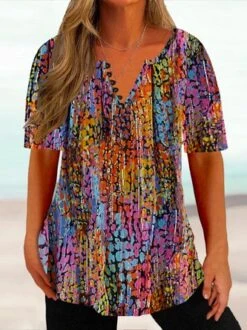 Plus Size Half Open Collar Abstract Jersey Casual T-Shirt