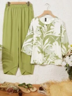 Casual Leaf Asymmetrical Collar Two-Piece Set -Zolucky Sales Store cdd07ea2c21506b1a5b3c364e091e260