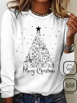 Christmas Tree Letter Print Warmth Loose Daily Casual Crew Neck H-Line Long Sleeve T-Shirt