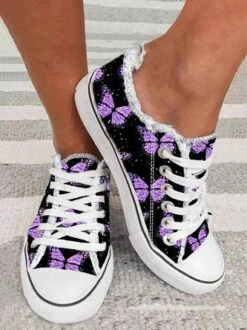 Purple Butterfly Pattern Casual Lace-Up Canvas Shoes
