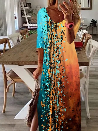 Women Casual Abstract Autumn Loose Jersey Midi H-Line Regular Medium Elasticity Dress 2 Women Casual Abstract Autumn Loose Jersey Midi H-Line Regular Medium Elasticity Dress - Image 2