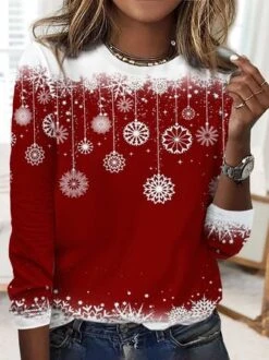 Jersey Daily Loose Casual Snow Christmas H-Line Crew Neck Long Sleeve T-Shirt
