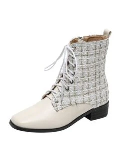 Women Tweed Plaid Fashion Square Toe Boots -Zolucky Sales Store cedba670a703039ad33d11a4a3a08866