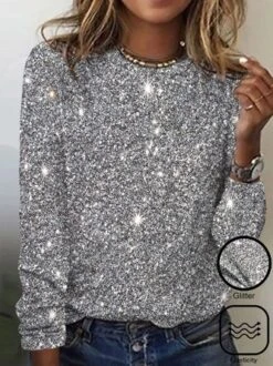 Plus Size Party Glitter Upgrade Fabric Daily Loose Casual Crew Neck H-Line Long Sleeve T-Shirt