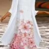 Floral Printed Round Neck Casual Three Quarter Dress With Coat Two-Piece Set