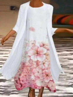 Floral Printed Round Neck Casual Three Quarter Dress With Coat Two-Piece Set
