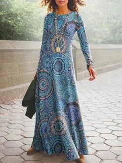 Ethnic Printed Long Sleeve Crew Neck Casual Dress -Zolucky Sales Store d0ac902871728b5e800422a7b4f9710c