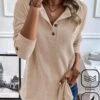 Plus Size Knitted Half Open Collar Plain Casual T-Shirt