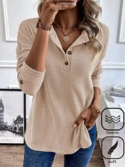Plus Size Knitted Half Open Collar Plain Casual T-Shirt