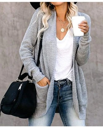 Yarn/Wool Yarn Plain Long Sleeve Daily Casual Loose Mid-long Cardigan 3 Yarn/Wool Yarn Plain Long Sleeve Daily Casual Loose Mid-long Cardigan - Image 3