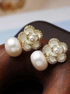 Elegant Camellia Natural Pearl Rhinestone Stud Earrings -Zolucky Sales Store d161e06db3237259734935fba2026b2c