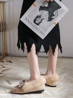 Rhinestone Imitation Pearl Bowknot Furry Party Slip On Shoes -Zolucky Sales Store d176e889ebd23c250a61fde77324672b