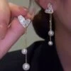 Banquet Party Gold Heart Diamond Pearl Pendant Earrings Elegant Jewelry