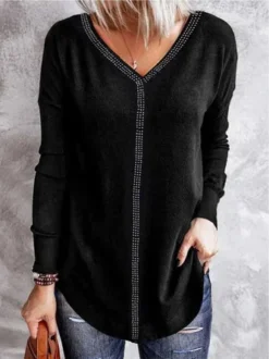 Casual JerseyV Neck Hot Drilling Plain T-Shirt TUNIC