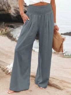 Cotton Casual Plain Scramble Wide Leg Pants With Elastic Band -Zolucky Sales Store d287fac5027484430a32faeb9bc4af60