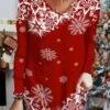 Plus Size Christmas Snowflake Long Sleeve V Neck Casual T-Shirt Xmas T-shirt