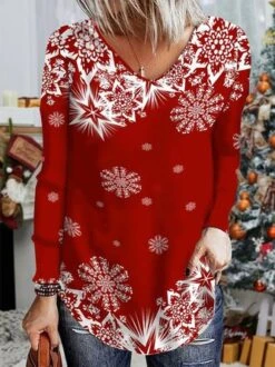 Plus Size Christmas Snowflake Long Sleeve V Neck Casual T-Shirt Xmas T-shirt