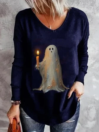Plus Size Casual Halloween Little Ghost Loose V Neck Long Sleeve T-Shirt 5 Plus Size Casual Halloween Little Ghost Loose V Neck Long Sleeve T-Shirt - Image 5