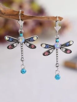 Vintage Dragonfly Multicolor Rhinestone Drop Earrings