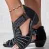 Black Rhinestone Hollow Peep Toe Chunky Heel Dress Sandals