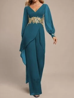 Chiffon V Neck Evening Elegant Jumpsuit -Zolucky Sales Store d4aebfbcd5b991f9936ca3b2acf629a5