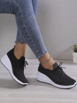 Casual Lace-up Decor Breathable Flyknit Wedge Heel Slip On Sneakers -Zolucky Sales Store d515902c7f6be9c38c4a233d6f6962f5