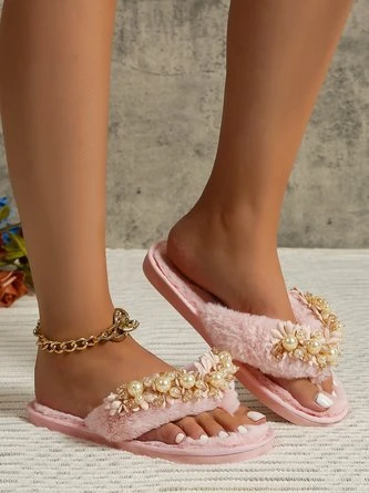 Elegant Applique Imitation Pearls Fluffy Flip-Flops Slippers 4 Elegant Applique Imitation Pearls Fluffy Flip-Flops Slippers - Image 4