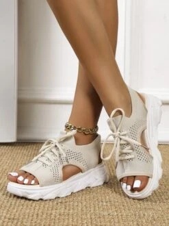 Breathable Hollow Out Lace Up Front Slip On Sports Sandals -Zolucky Sales Store d7c79188a219085122e9e36264693f58