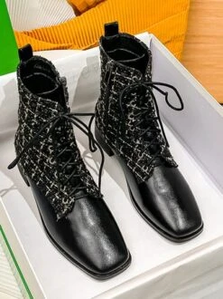 Women Tweed Plaid Fashion Square Toe Boots -Zolucky Sales Store d7f6923e4802f72741977a202d645a27