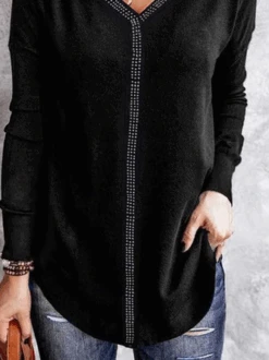 Casual JerseyV Neck Hot Drilling Plain T-Shirt TUNIC -Zolucky Sales Store d88df344471db0efb50bf08bc2c31e43