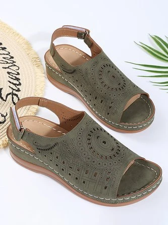 Ethnic Pattern Punched Hollow Velcro Vintage Hook And Loop Comfortable Wedge Sandals For Women 3 Ethnic Pattern Punched Hollow Velcro Vintage Hook And Loop Comfortable Wedge Sandals For Women - Image 3